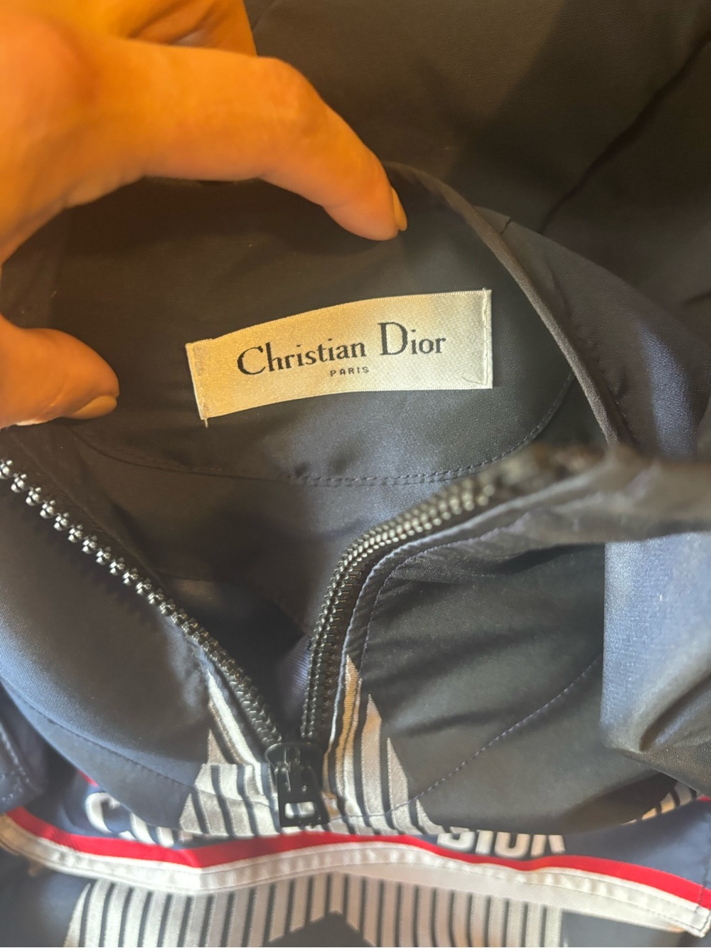 Dior Navy Blue Hooded Jacket with Red and White Logo Stripe - Picture 2 of 6